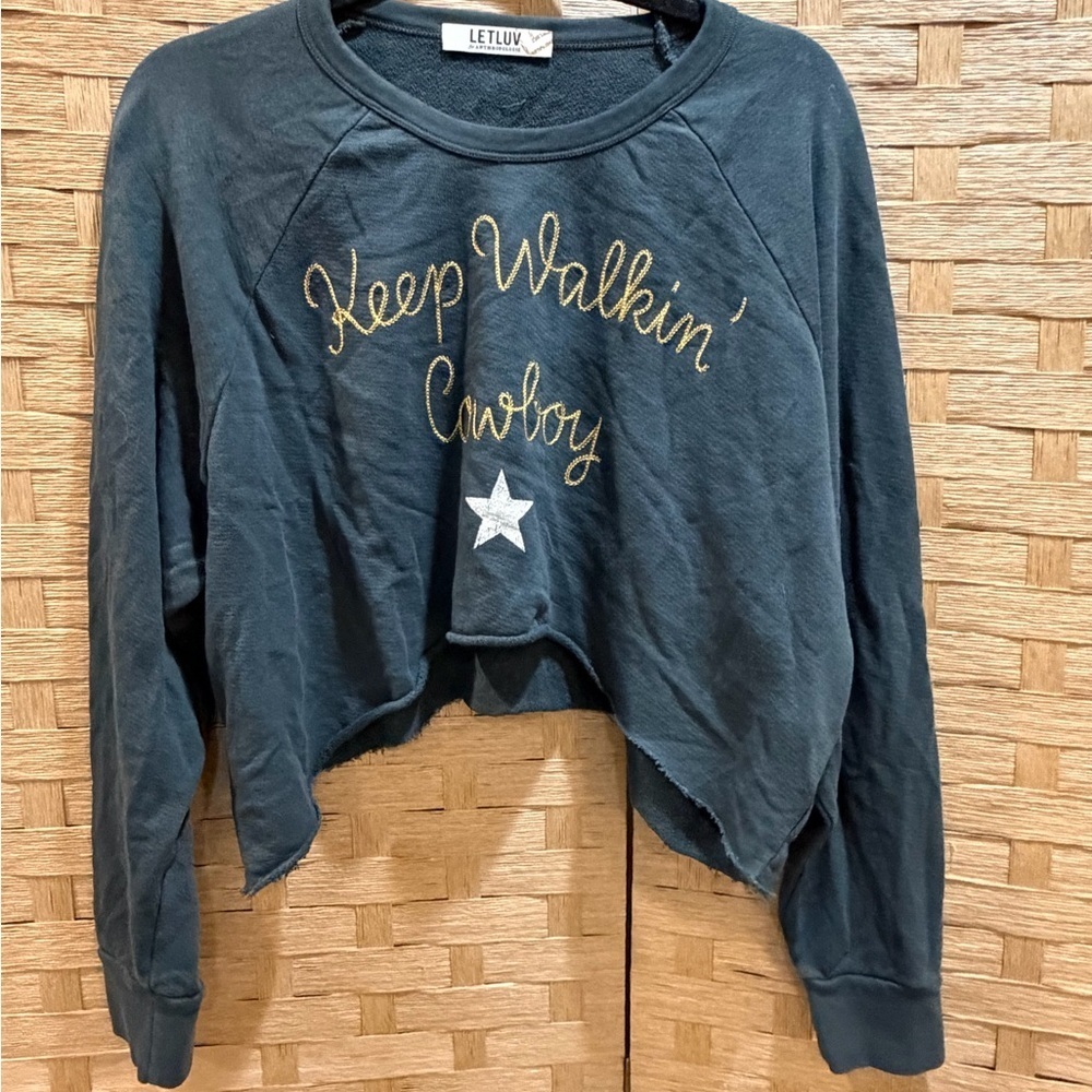 Anthropologie LETLUV KEEP WALKIN’ COWBOY Embroidered Sweatshirt Size L Cropped